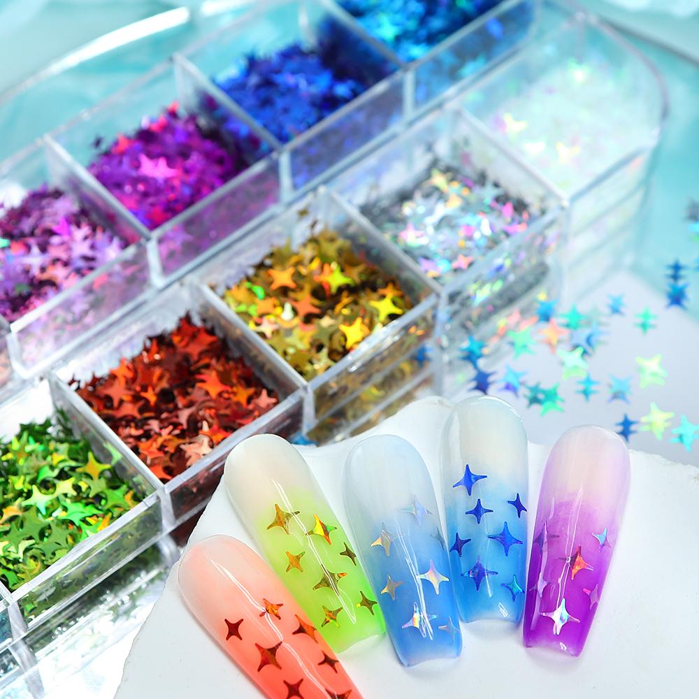 12 сеток, блестящие блестки со звездами для дизайна ногтей, голографический звездный дизайн маникюра, украшение для УФ-гель-лака, аксессуары для ногтей