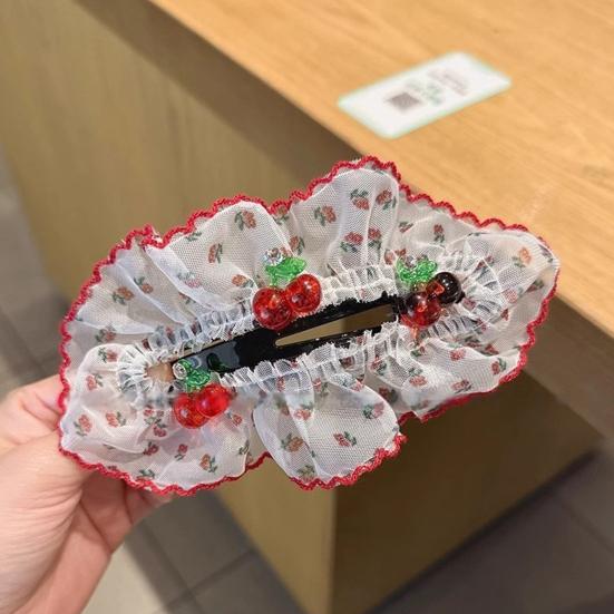 Hair Pin Strong Clamping Force Transparent Mesh Lace Clip with Cherry Decoration Half-Tied
