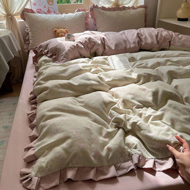 Cartoon double-layer yarn bed four-piece set, summer new lace quilt cover, bed sheet household washable three-piece set