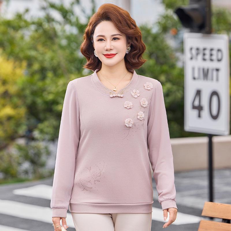 Stylish Round Neck Knit Sweater for Middle-Aged & Elderly Women - Age-Defying, Long-Sleeved Spring Top