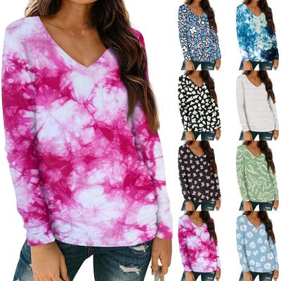 Женская мода повседневная блузка с длинным рукавом и цветочным принтом, V-образным вырезом и карманами