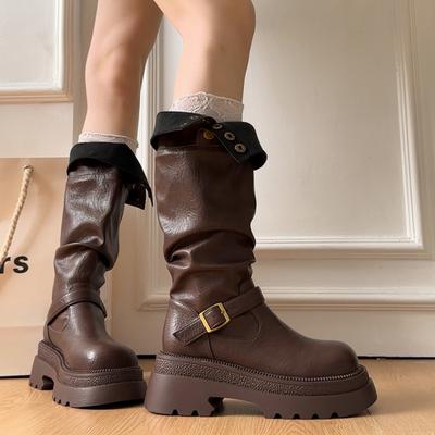 Ретро британский стиль складные толстый каблук платформа ботинки осень и зима мода тонкие женские дизайн чувство рыцарские ботинки