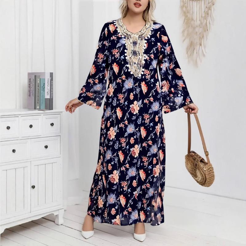 Платье с длинным рукавом, свободное женское платье с принтом, этническое кружевное платье с расклешенными рукавами