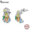 Authentic 925 Sterling Silver Colored Style Feathers Stud Earrings Unique Fashion Jewelry for Women