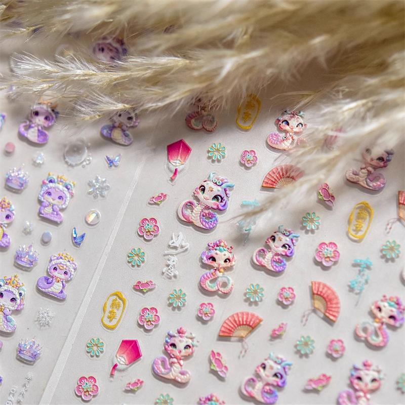 Рельефные наклейки для ногтей в китайском стиле в стиле змеиного года, милые наклейки для ногтей в виде змеи, декоративные наклейки своими руками, аксессуары для года, подарочные наклейки