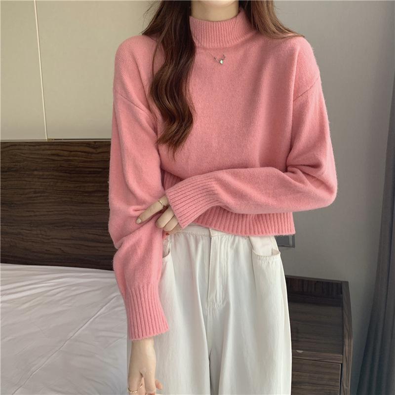 Корейский однотонный свитер с полувысокой горловиной для женщин, короткий модный повседневный трикотаж с однотонным пуловером внутри для осени и зимы