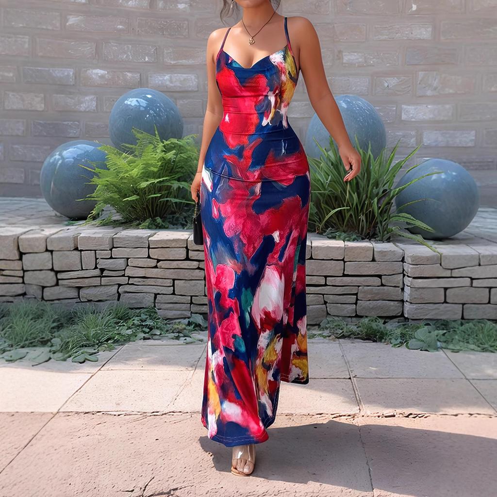 Весенне-летнее женское горячее платье для девушек с открытой спиной и сексуальным принтом на бретелях через шею