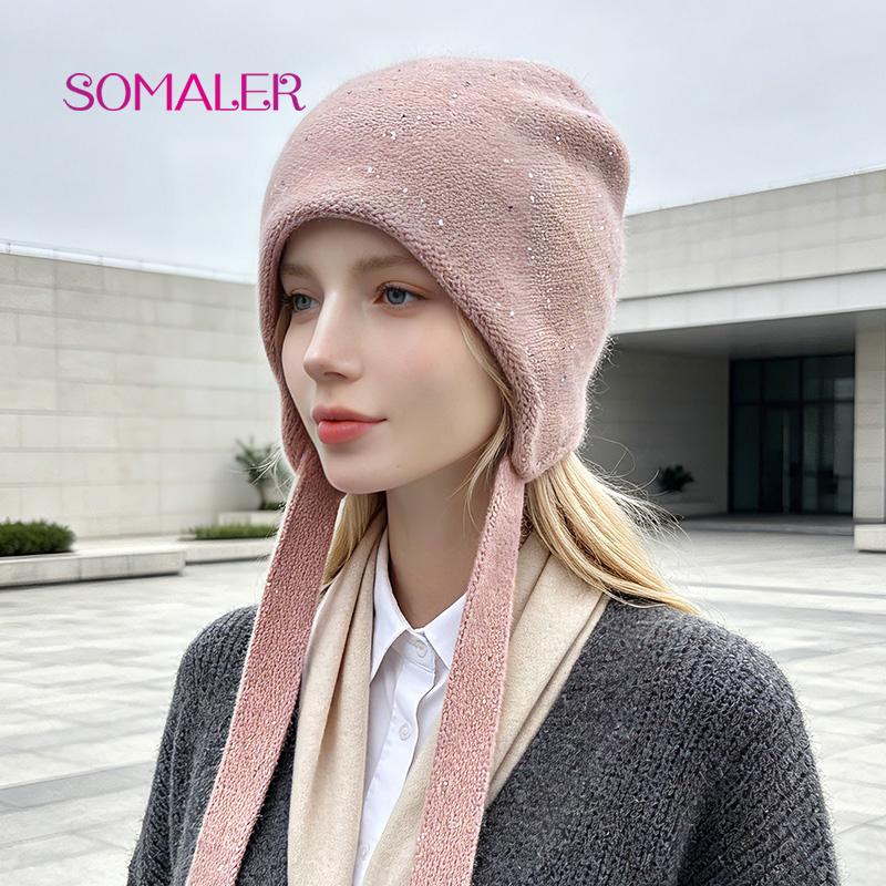 SOMALER Женская вязаная шерстяная шапка-бини с ушками и пайетками, теплая зимняя шапка для повседневной носки 54-58 см