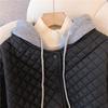 Women's Casual Hooded Coat Fashionable Colorblock Argyle Pattern Hooded Coat Drawstring Waist Zip Up Outwear with Pockets
