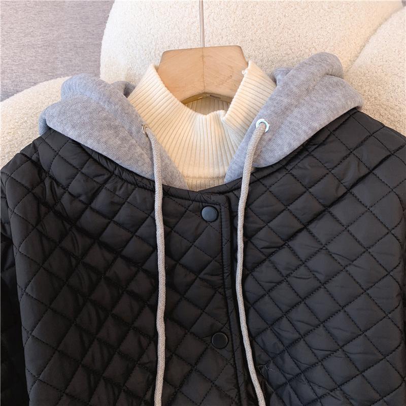 Women's Casual Hooded Coat Fashionable Colorblock Argyle Pattern Hooded Coat Drawstring Waist Zip Up Outwear with Pockets