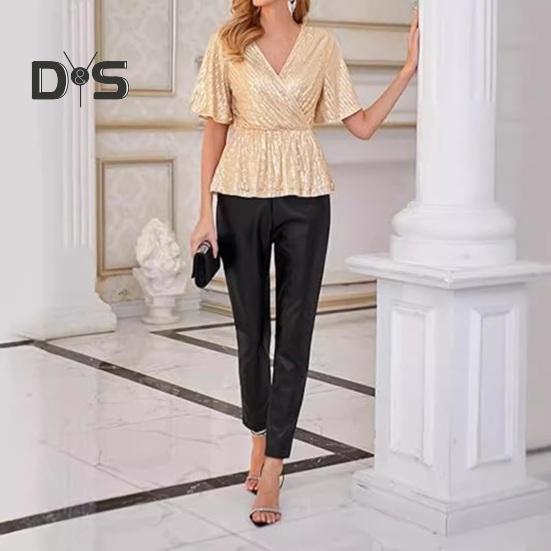 Women Sequin Tops V-Neck Ruffle Sleeves Glitter Blouses Waist Tight Elastic Hem Evening Cocktail Shiny Tops