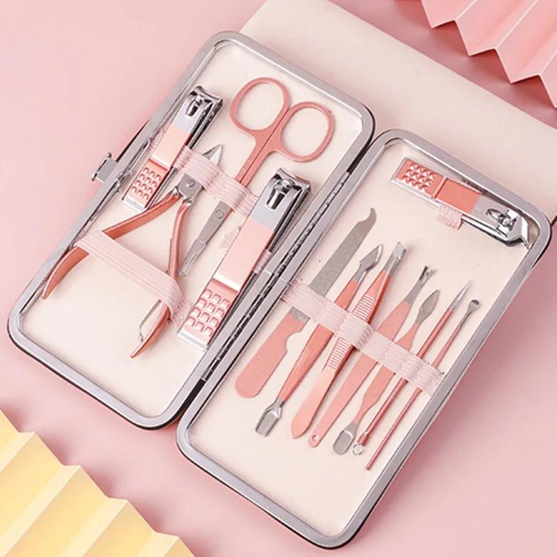 Nail Clippers Rose Gold 18piece Diagonal Exfoliating Stainless Steel Manicure Set Household Ear Spoon Scissors for Men and Women