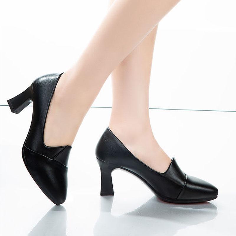 Женские туфли на высоком каблуке 5 см/7 см, удобные туфли на среднем каблуке, мягкая подошва, тонкая обувь, модные туфли-лодочки с острым носком, черные туфли на каблуке, женская кожаная рабочая обувь