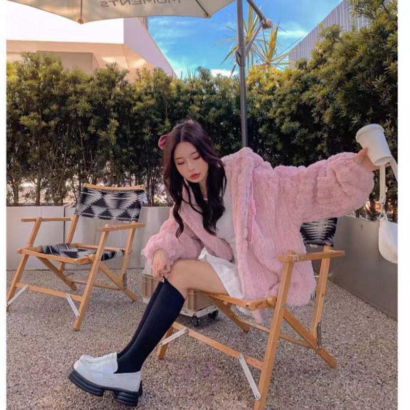 Искусственный мех осень и зима новое пальто женское имитация розового кролика мех с капюшоном тканый утолщенный свободный женская одежда верхняя одежда