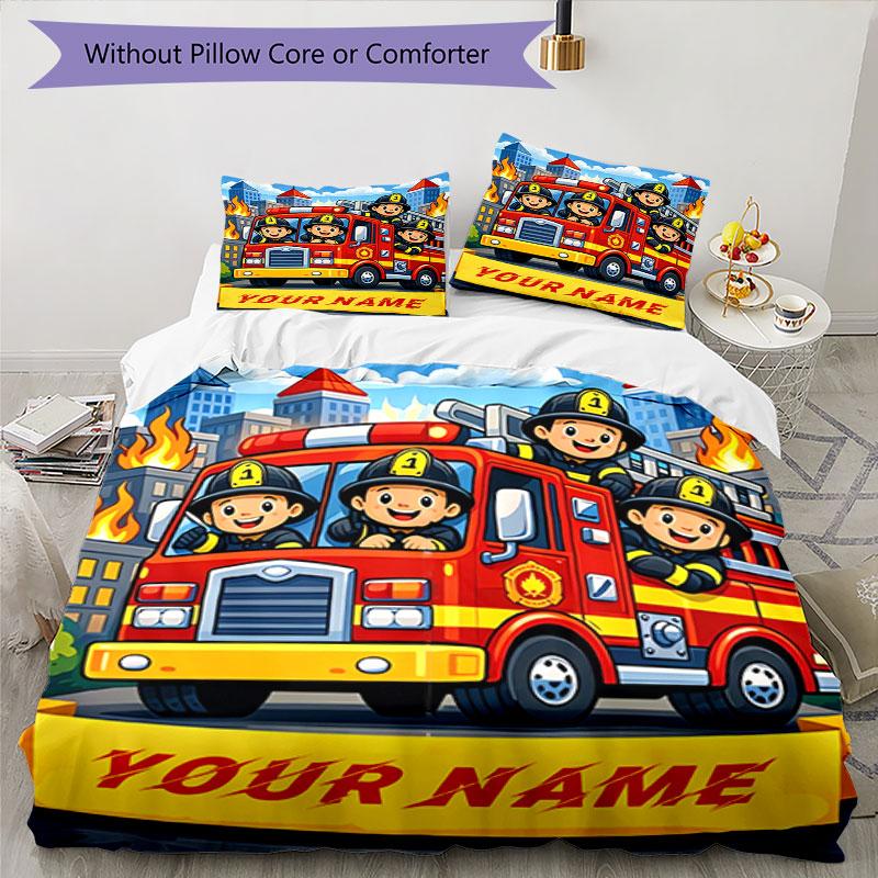 3PC Custom Name Fire Truck Adventure Bedding Set Duvet Cover Closure Includes 1 Duvet Cover & 2 Pillowcases for Bedroom