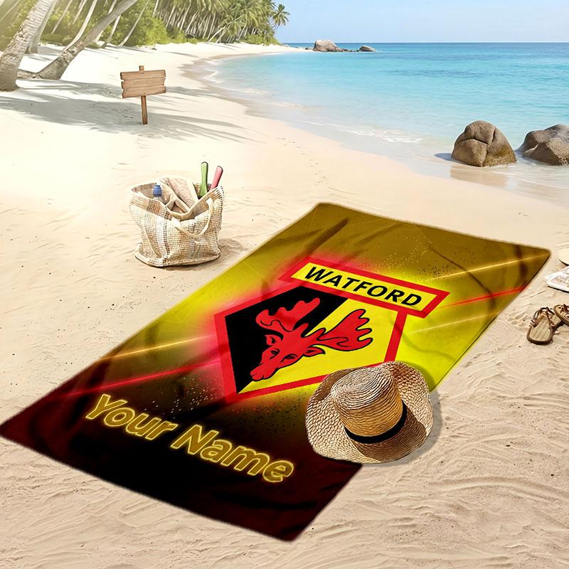 Watford FC Personalized Printed Beach Towel Soccer Logo Support Custom Name Text Absorbent Towel For Sport Travel Special Gift