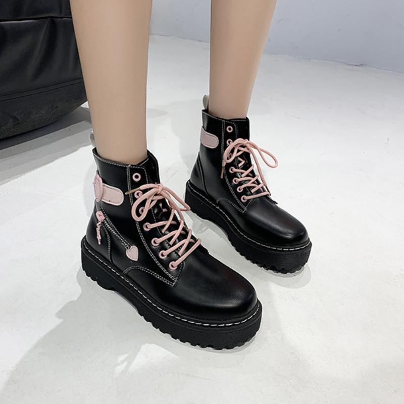 Европейские и американские полусапоги Осенние новые на толстой подошве Передняя шнуровка Дизайн со строчкой Чувство Универсальные женские ботинки