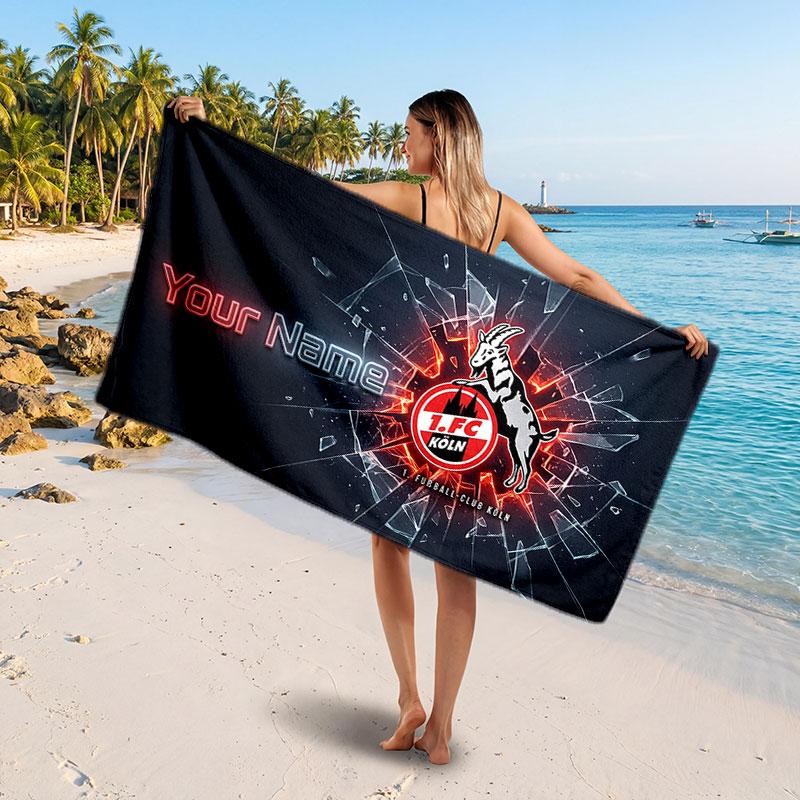 FC Köln Custom Beach Towel, Personalized Name Text Print, Football Logo Soft Quick‑Dry Towel Holiday Gift