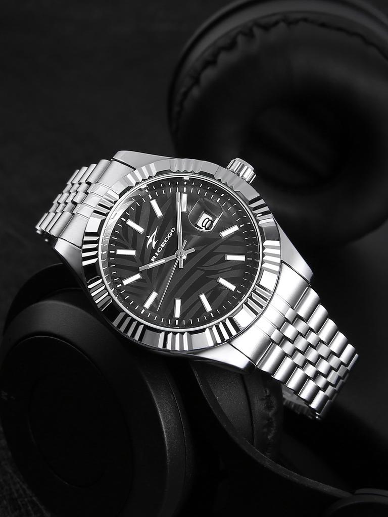 Ricecgo Men's Stainless Steel Quartz Watch Maple Leaf Pattern Dial Calendar Business Watch Men's Luxury Gift