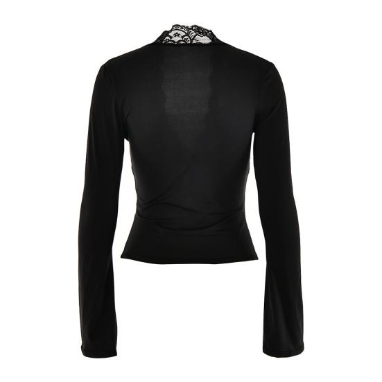 Женский укороченный топ с длинными рукавами, сексуальный, глубокий V-образный вырез, кружевная облегающая блузка, повседневная базовая рубашка для выхода на весну и осень