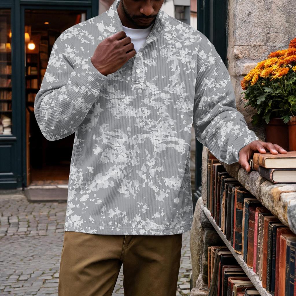 Мужской винтажный вельветовый пуловер с принтом, на молнии quarter-zip, с воротником-стойкой и карманом, с длинным рукавом, повседневная футболка