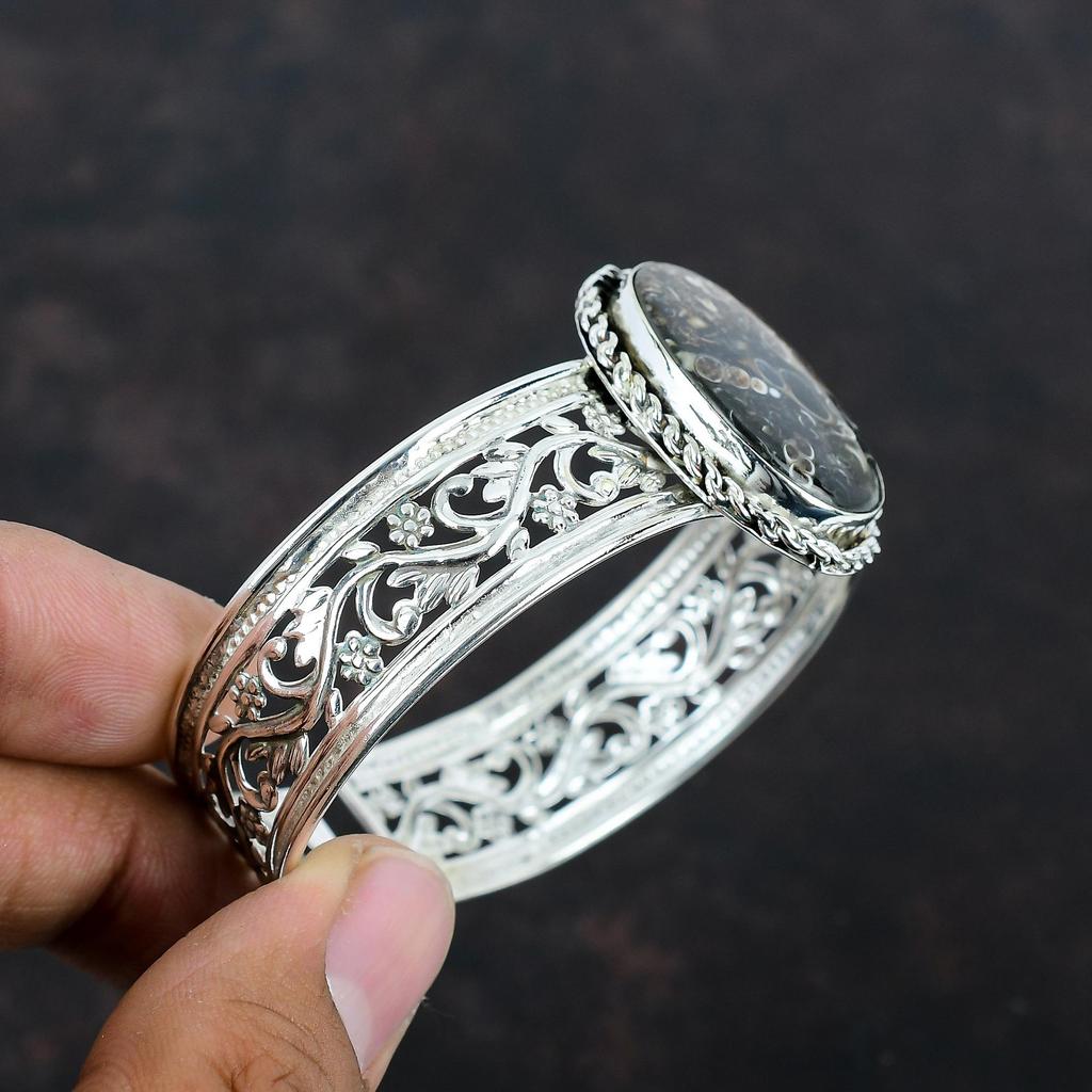 Браслет Turritella Agate, браслет-манжета из натурального драгоценного камня, элегантные ювелирные изделия, браслет-манжета из стерлингового серебра 925 пробы, регулируемый браслет, браслет ручной работы