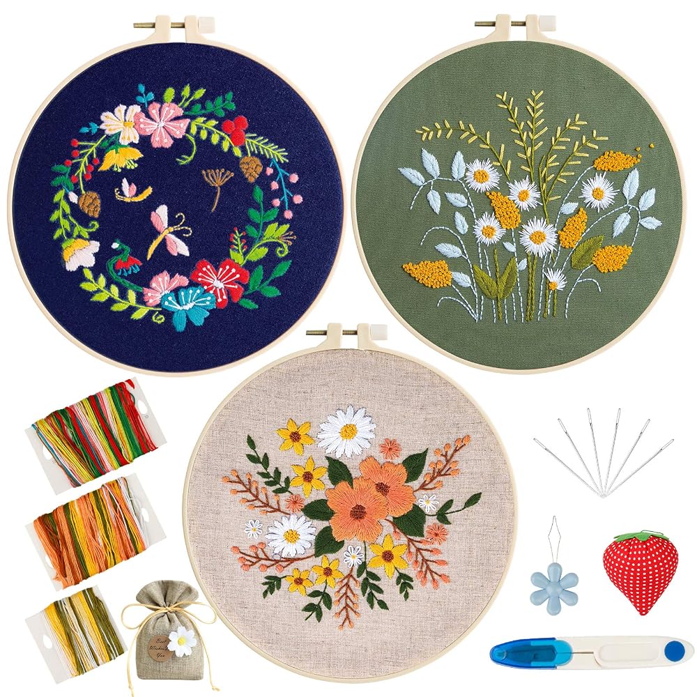 TuxFezug Embroidery Kit DIY Cross Stitch Set for Beginners with Tools (Multicolor Flowers & Leaves, 3 Sets)
