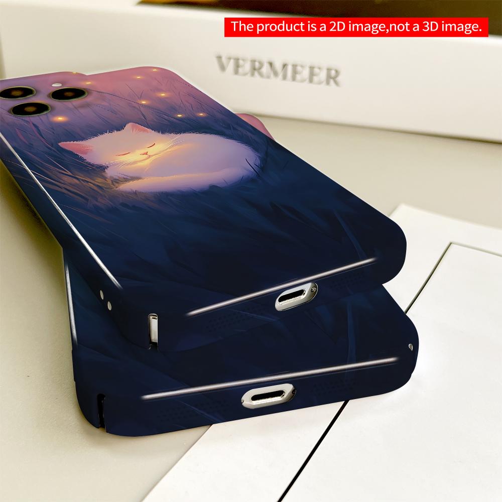 2DFlat Glowing White Cat in Starlit Grass All inclusive film hard phone case, compatible with iPhone 18 Pro Max 17 16 15 14 13 12 11