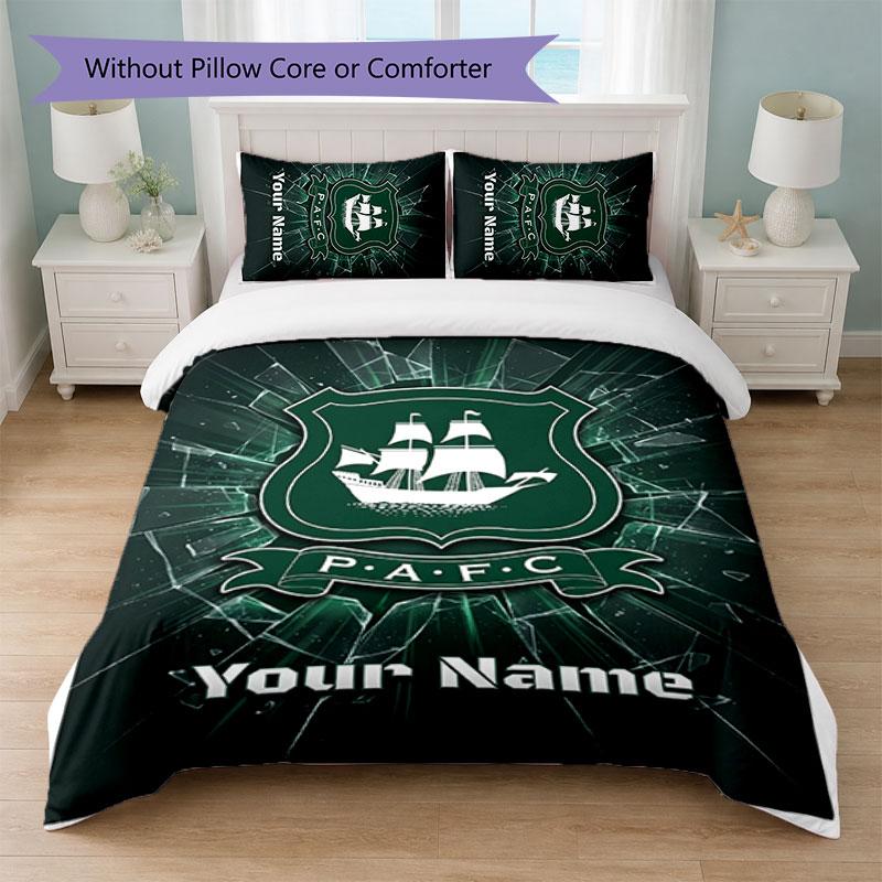 Plymouth Argyle FC Custom Name Text Bedding Set 1 Duvet Cover+2 Pillowcases Soccer Logo Personalized Gift For Special Occasion Bedroom Decor