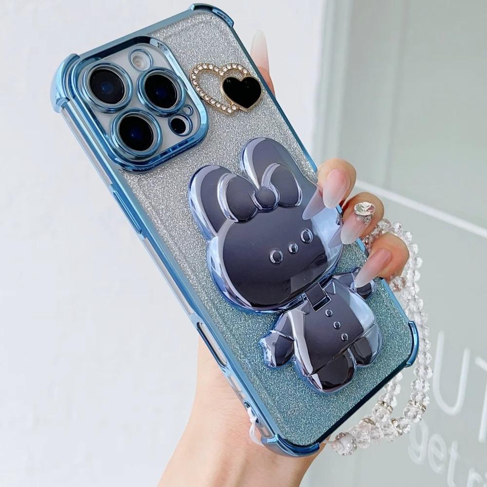 Роскошный зеркальный чехол для телефона с цепочкой из кристаллов в виде кролика для Samsung A36 A56 A26 A16 A25 A06 A16 A05S A35 A55 A54 Противоударная крышка-подставка