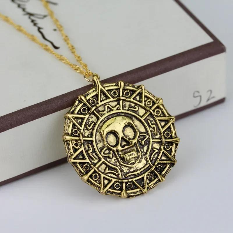 Pirates of The Caribbean Necklace Aztec Coin Vintage Gold Plated Captain Jack Sparrow Medal Pendant Necklace