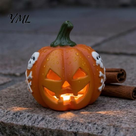 Halloween Party Centerpieces Spooky Lighted Pumpkin Figurine, Engraved Light-Up Resin LED Lights for Porch Statue Tabletop Indoor Outdoor Garden Patio