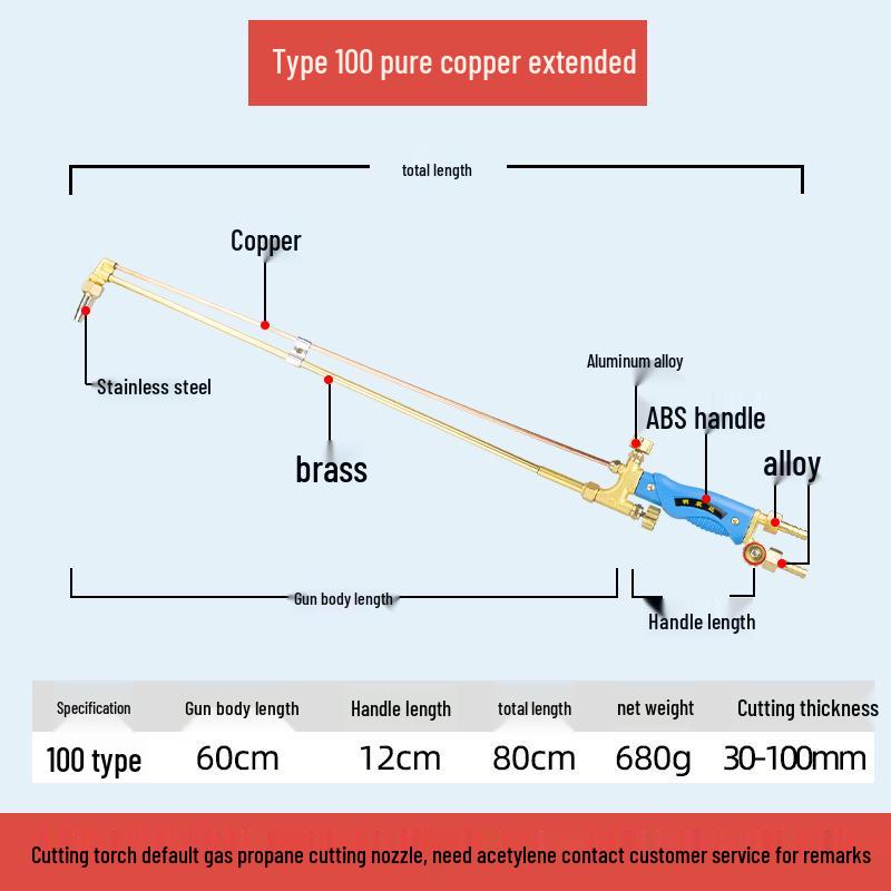 All-Copper Stainless Steel Extended & Thickened Oxygen Acetylene Cutting/Welding Torch Injector, Model G01-30/100/300.
