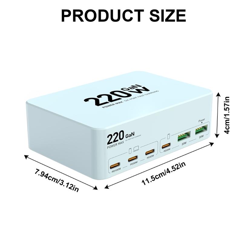 Multi Port Fast Charging Station 220W Power Adapter with Type C & USB Port Allows 6 Devices Simultaneously Charging