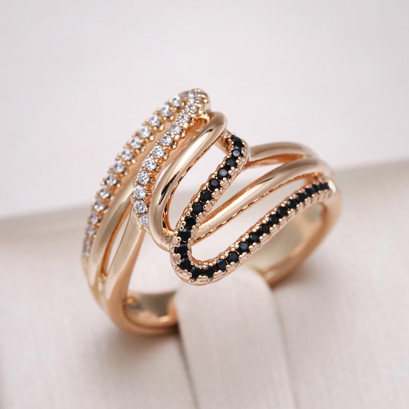New  Rose Gold Twist Finger Rings For Women Micro Paved Black&White Natural Zircon Ring Ethnic Bride Wedding Jewelry