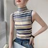 Striped High Neck Knitted Sleeveless Vest New Slim Fit Pullover Top