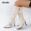 Fashion Fashion Metal Buckle Decor Long Boots for Women Solid Color Pointed Toe Autumn Knee High Boots Sexy Thin High Heel Party Shoes