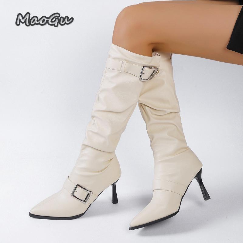 Fashion Fashion Metal Buckle Decor Long Boots for Women Solid Color Pointed Toe Autumn Knee High Boots Sexy Thin High Heel Party Shoes