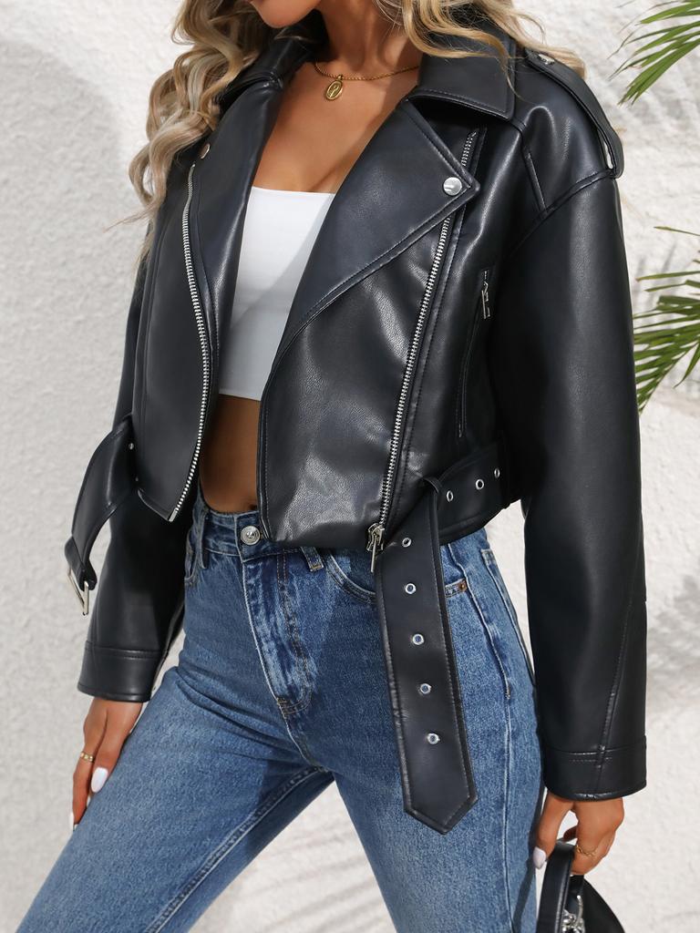 Women PU Leather Jacket Lady Motorcycle Leather Jacket  Lapel Zipper Faux Leather Short Coat with Belt