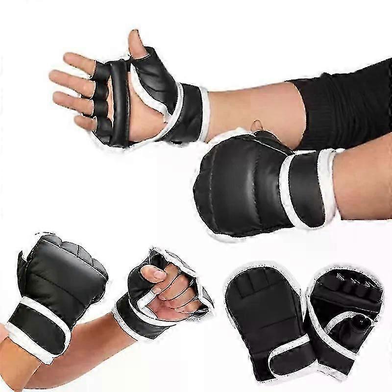 1Pair Black Half Finger Boxing Gloves PU Leather Fighting Kick Boxing Gloves Karate Muay Thai Training Workout Gloves Kids Men,zxl