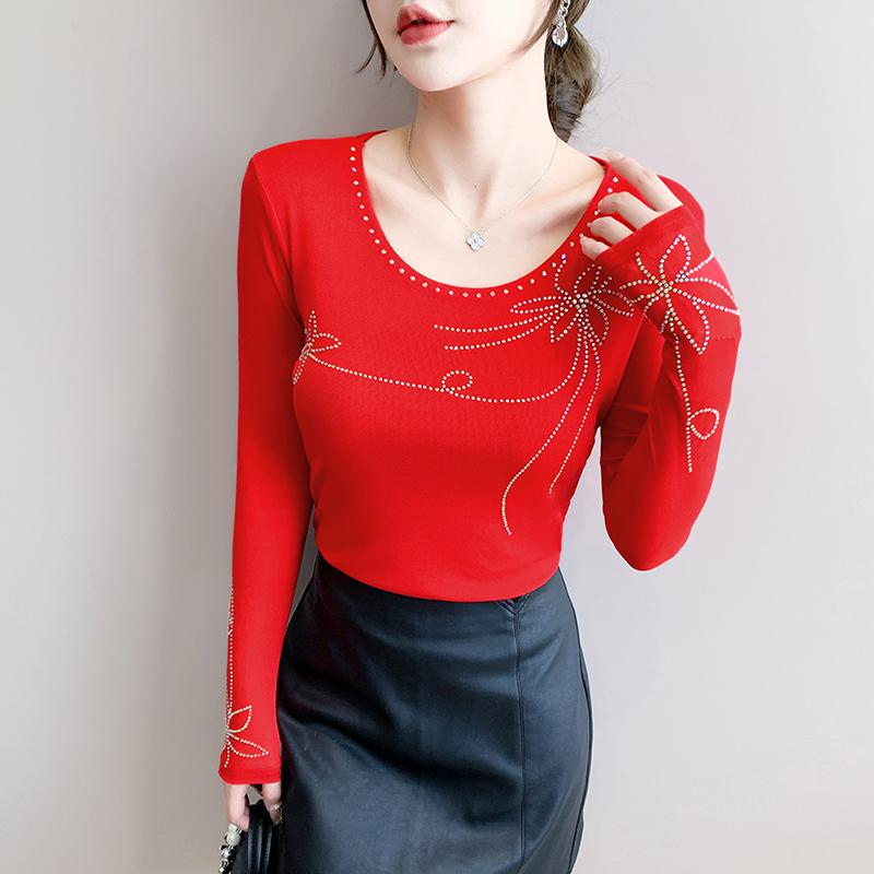Весна Осень Женская Футболка со Стразами Горячей Фиксации Элегантная С Круглым Вырезом и Длинным Рукавом Приталенные Женские Топы
