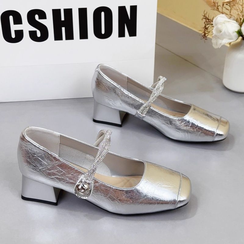 Champagne Gold Thick Heel Light Mouth Single Shoes Women's 2025 Autumn New New Chinese Velcro with Skirt Mary Jane Shoes