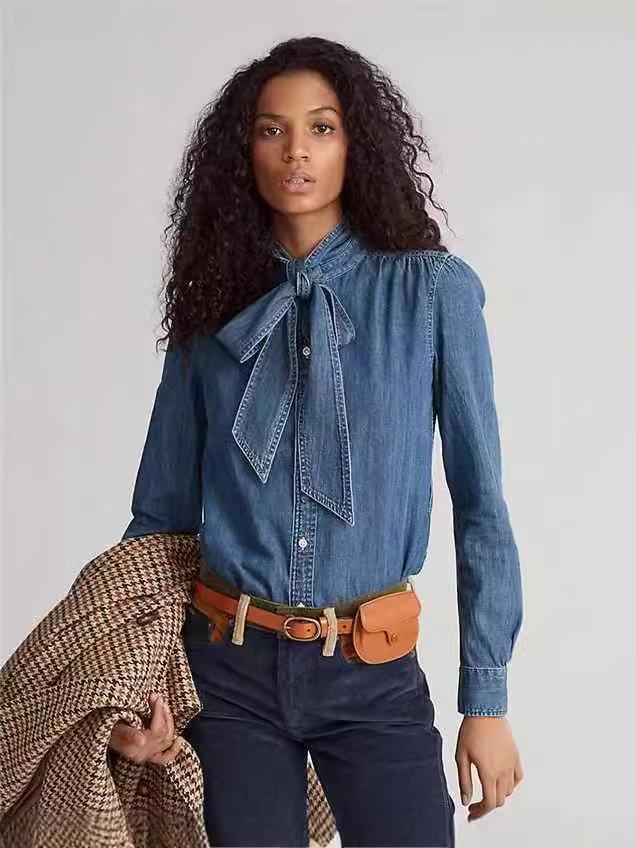 2024 Европейская и Американская Повседневная Джинсовая Рубашка с Длинным Рукавом и Воротником Кент