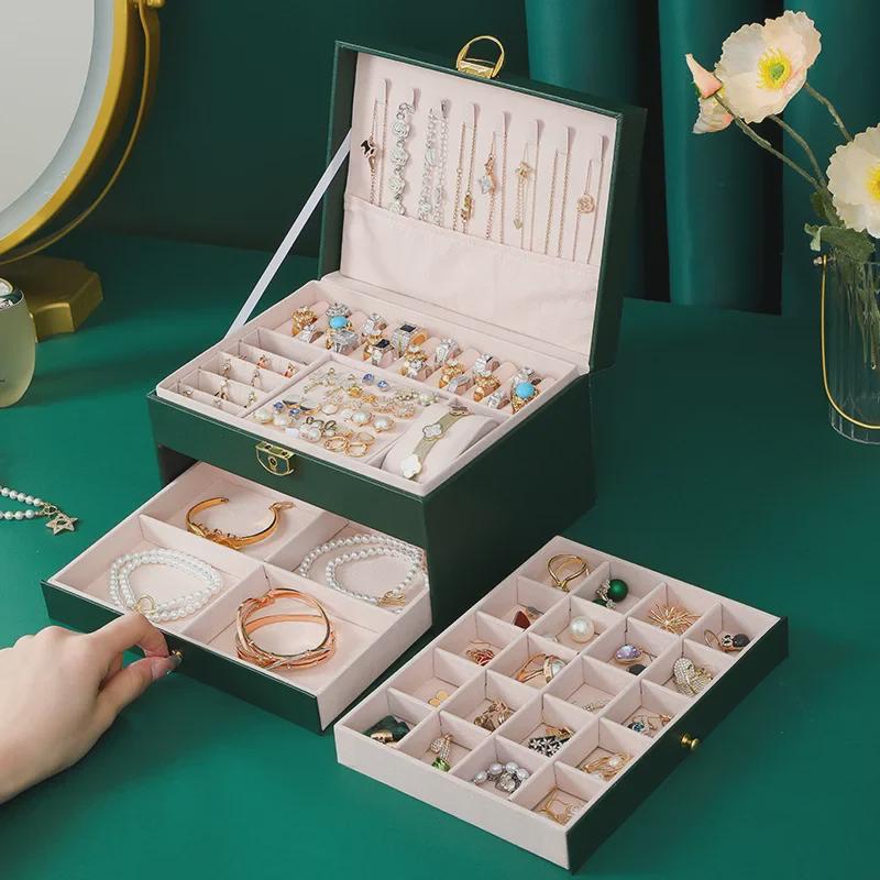 Three-Layer PU Leather Jewelry Box with Velvet Storage and Large Capacity Drawer