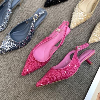 Сандалии Baotou Fairy Shoes Spring Pointed Sequins Backs Remesh High Heelses Braids High Heelses Braids Women's Sandals