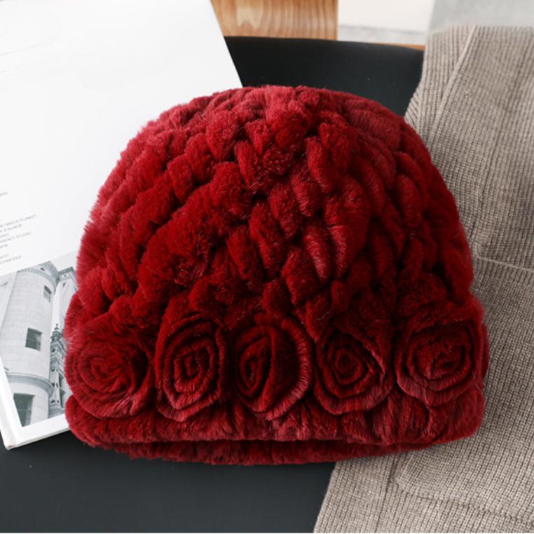 Winter Warm Scarf Hat Two-piece Set, Middle-aged and Elderly Temperament Rex Rabbit Fur Hat, Mother Flower Scarf