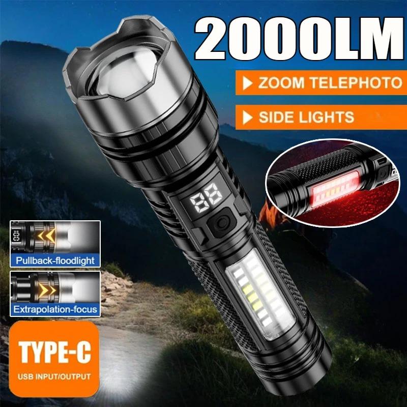 5 Modes USB Rechargeable LED Flashlight Powerful Zoom Torch with COB Side Lights Outdoor Emergency Lantern Camping Portable Lamp