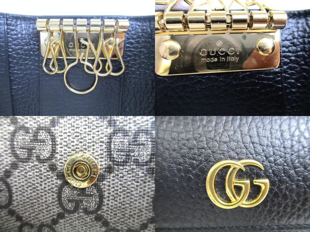 Оригинальный  GUCCI Double G GG Черная Кожа Золотая Фурнитура 6 Фото Ключницы #a696 Открытая коробка