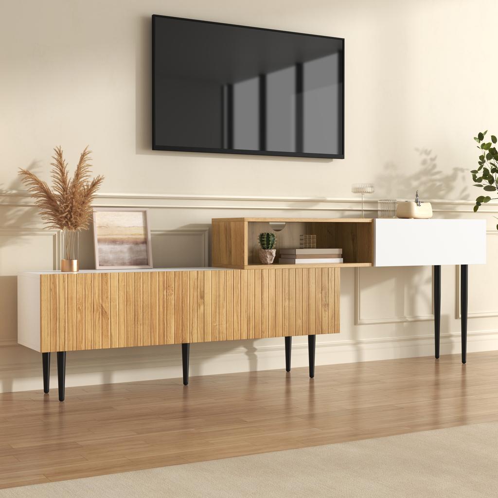 Modern TV Cabinet with Adjustable Length, Modular 2-Piece Design, Wood Look + Matte White, Black Metal Legs, Multifunctional Living Room Furniture