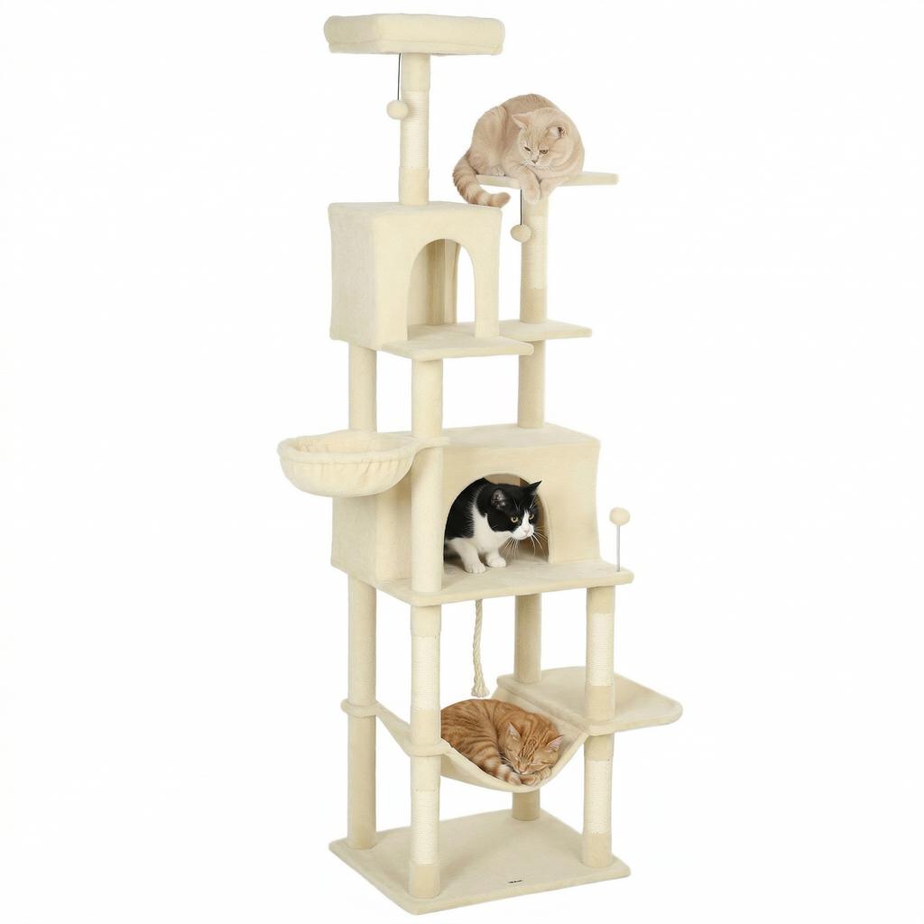 Cat Scratching Tree, Platform, Bed, Caves, Sisal Posts, 60 x 48 x 202 cm, Beige